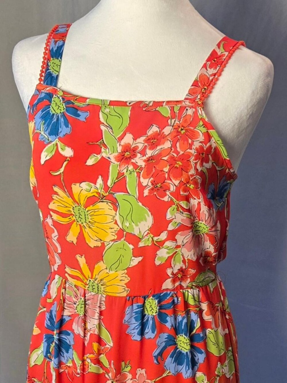 Jessica Simpson Floral Sundress Small Red Multi Tiered Tie Back Boho Summer